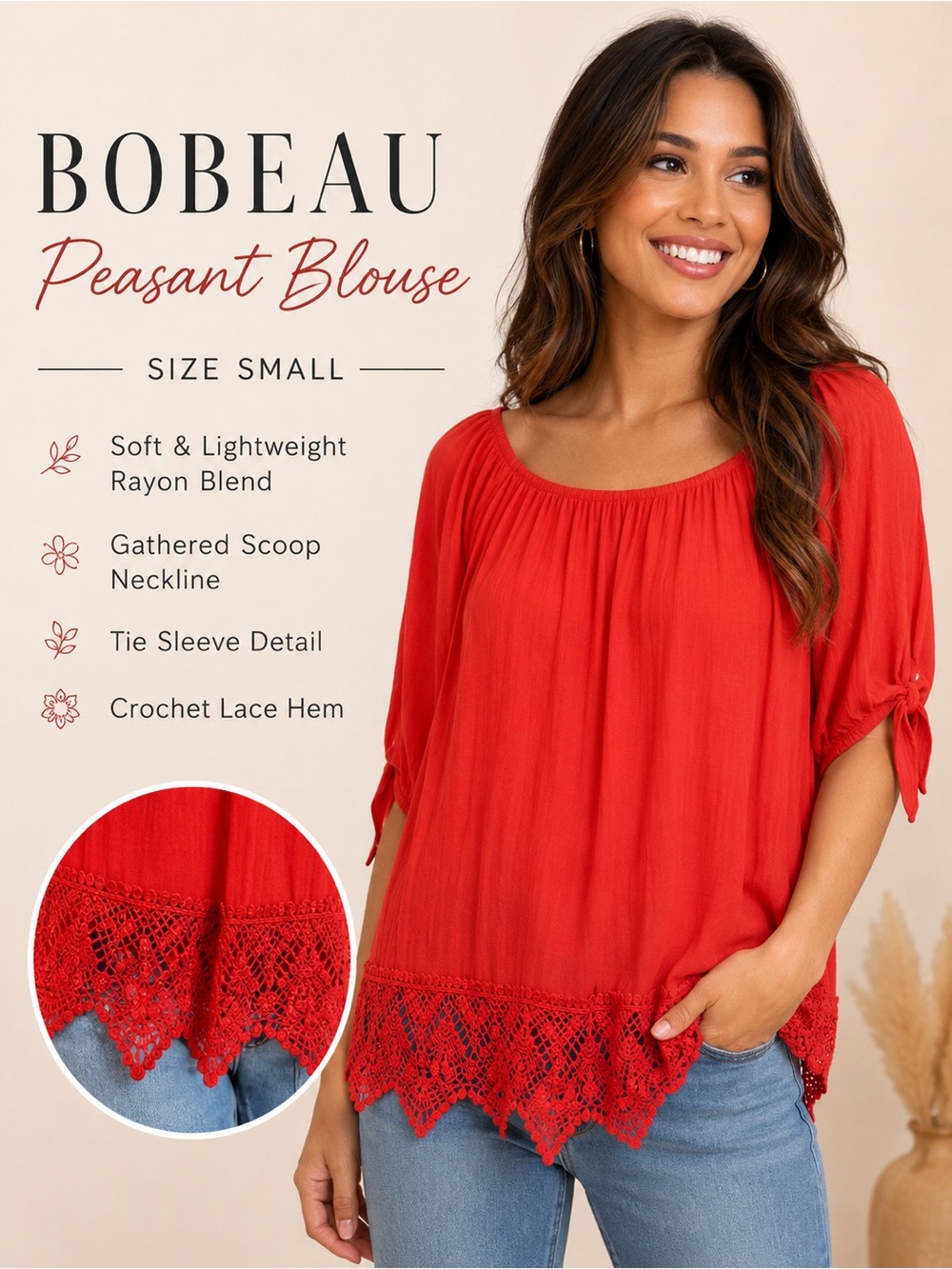 Bobeau Red-Orange Crochet Hem Peasant Blouse Size Small